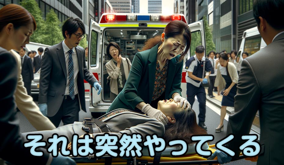 くも膜下出血で突然倒れた女性を救急車に担ぎ込む